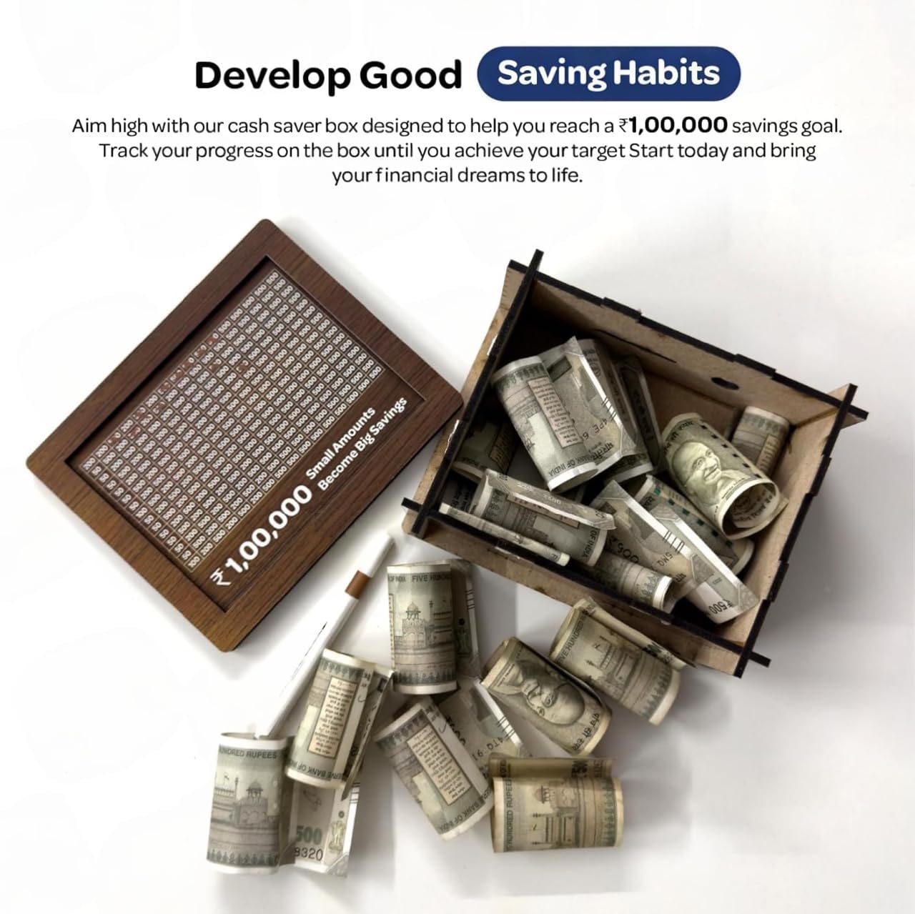 IMPORTED Wooden Piggy Bank - 1,00,000 Rupee Target, Wooden Savings Box