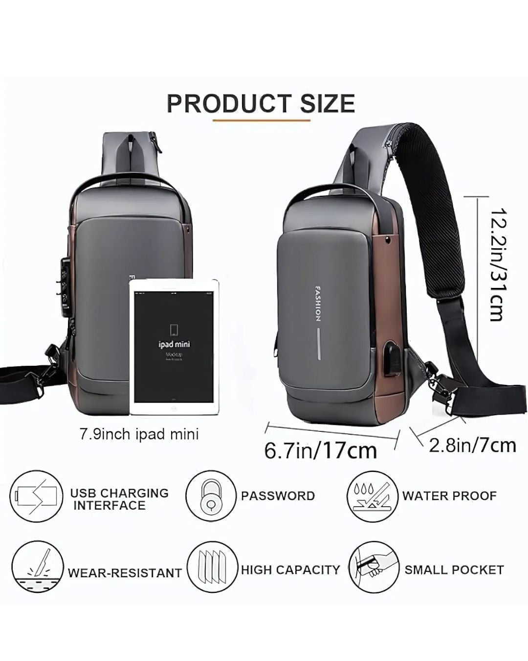 IMPORTED  Anti-Theft Chest Bag, 1.5L, USB Charging, Waterproof