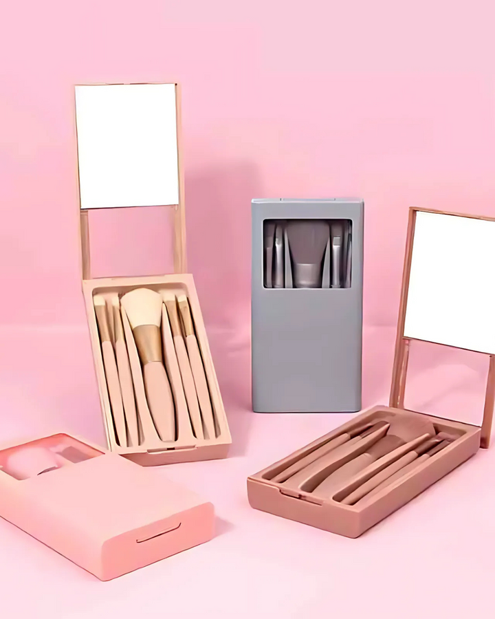 IMPORTED Portable Makeup Brush Set, 5-Piece with Mirror