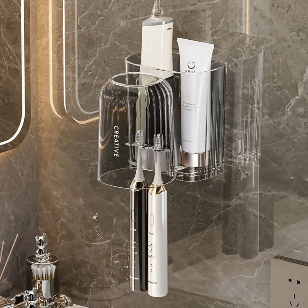 IMPORTED Wall Acrylic Toothbrush Holder, Dual Stand & Cup Shelf