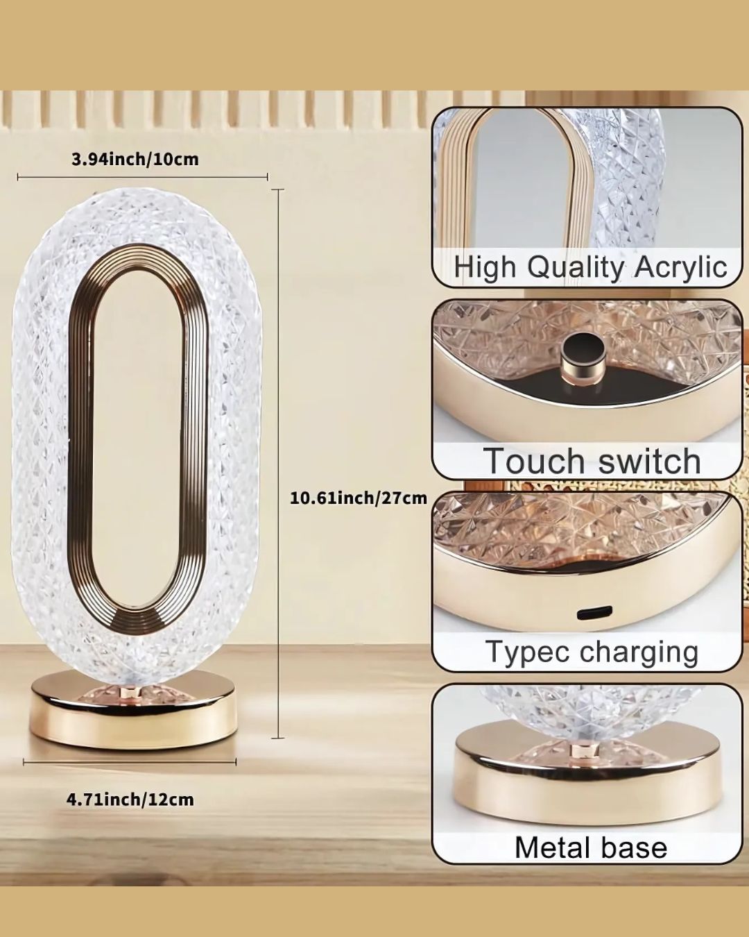 IMPORTED Crystal Touch-Control LED Lamp, 3-Way Dimmable